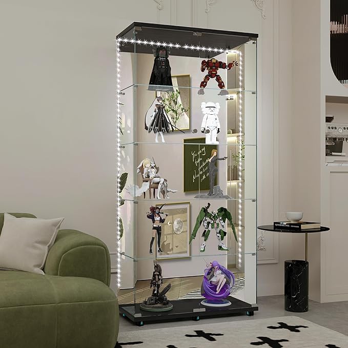 Yoluckea 5-Tier Glass Display Cabinet with Bluetooth LED Light Strip, 2-Door Floor Standing Curio Cabinet with Universal Wheel and Mirror Back Panel, Black Glass Bookshelf for Collections, Wood Top - Image 5