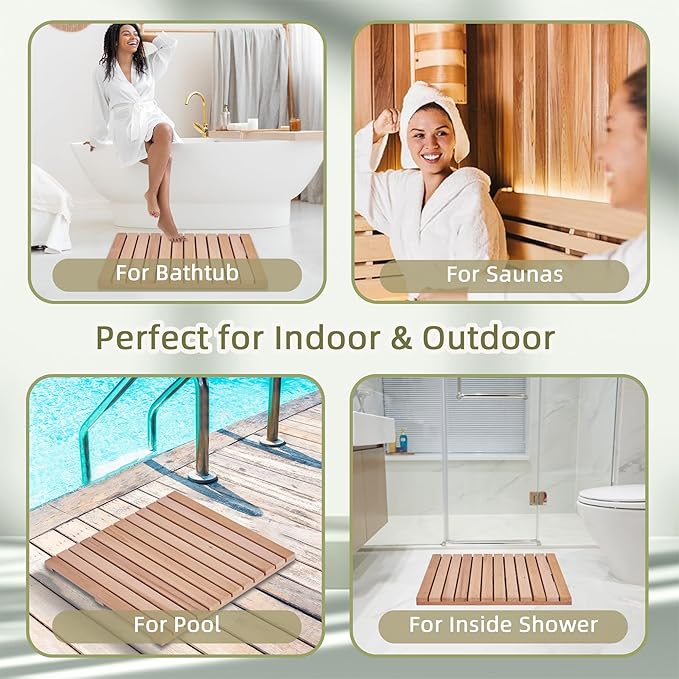 bingaai Cedar Wood Shower Mat 24" × 24", Cedar Wood Bath Mat Square, Wooden Shower Stall Mat Non-Slip for Bathroom Bathtub Spa Sauna Garden Home, Wooden Floor Mat Large for Indoor and Outdoor - Image 6