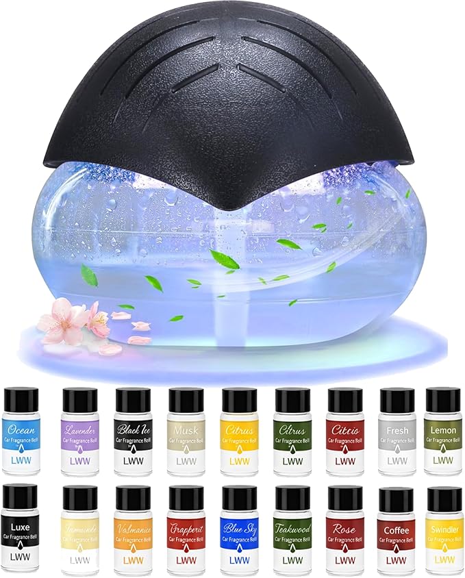 Water Air Washer for Home, Humidifier & Essential Oil Diffuser, 7-Color LED Mood Light, Auto Shut-Off, Includes 24x10ml Essential Oils Variety Set, Air Freshener for Pet & Smoke Odors, Black by Unknown