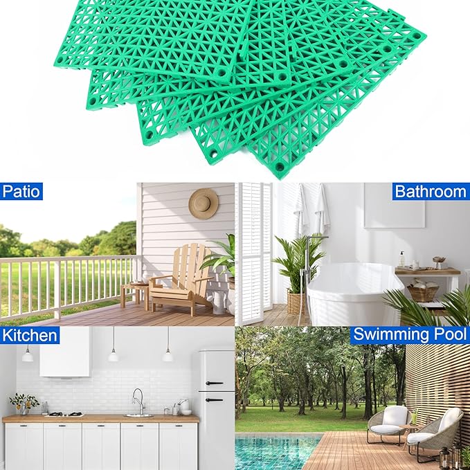 MYFAMIREA Modular Interlocking Cushion 12 Pack 11.8" x 11.8" Rubber Floor Tiles Non-Slip Splicing Drainage Mats for Deck, Pool, Outdoor Shower, Patio, Balcony, Indoor Bathroom, Kitchen, Yard (Green) - Image 7