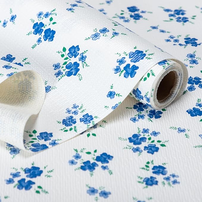 RAY STAR Shelf Liner, Non Adhesive Blue Floral Kitchen Cabinet Liner for Pantry Drawer Vanity, Strong Grip Non Slip, Shelf Liners for Cupboard 18 Inch x 8 FT (8 Rolls) Signature Delivery by RAYSTAR