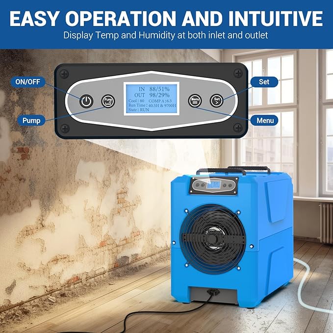 MOUNTO Commercial Dehumidifier, 150 Pint High-Capacity, Includes Pump Drain Hose for Water Damage Restoration, Ideal for Basements, Warehouses & Job Sites - Image 4