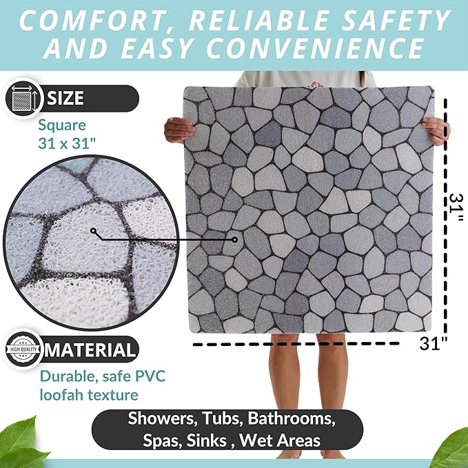 Non Slip Shower Mats for Inside Shower - Loofah Bath Mats for Shower - Shower Floor Mat Non Slip - Walk in Shower Mat Square 31x31- Textured No Suction Cup Shower Safety Mat (Blue Pebble 31x31) - Image 3