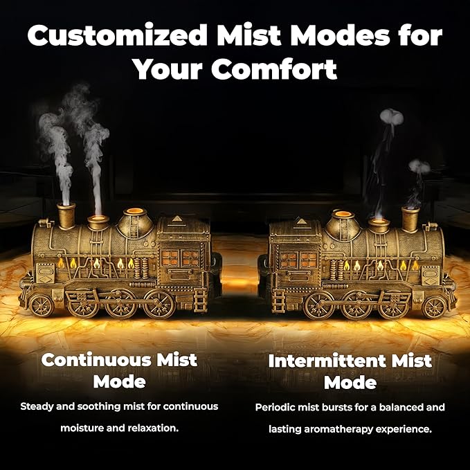 OMEO Gold Small Train Aromatherapy Humidifier & Essential Oil Diffuser - Dual Mist, Quiet Ultrasonic, 300ML Tank, Remote Control, LED Light, Air Purifier for Home, Office, and Bedroom Use - Image 6