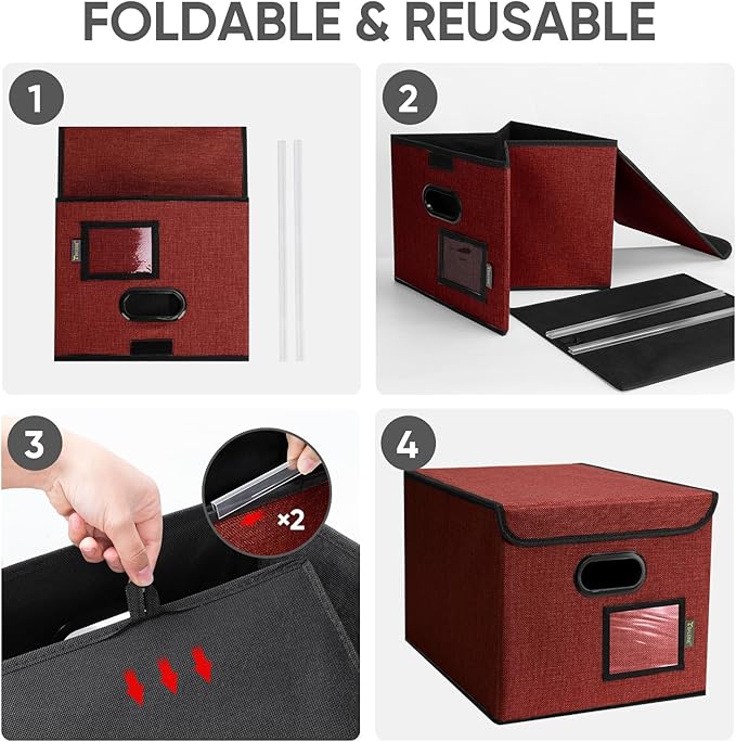 BALEINE Modern Red File Storage Box with Lid, Collapsible File Folder Organizer, 2 Pack, 15x12.5x10.5 inches - Image 8