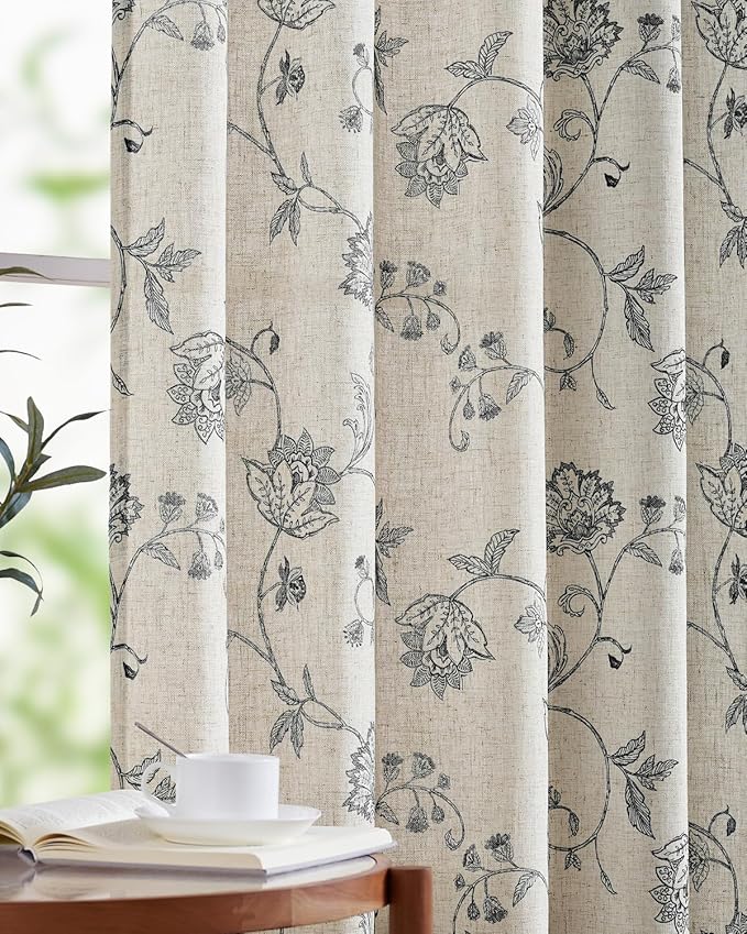 jinchan Linen Curtains Floral Curtain 84 Inch Length for Living Room Bedroom Light Filtering Rod Pocket Back Tab Jacobean Curtains Flax Linen Texture Window Drapes Set 2 Panels Black on Linen by JINCHAN