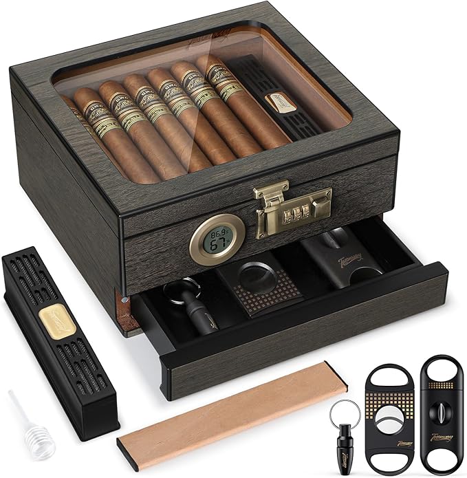 Cigar Humidor,Cedar Wood Humidor Cigar Box,Glass Top Desktop Humidor with Digital Thermo-Hygrometer, Humidifier, Divider, Accessories Drawer and Combination Lock,Cigar Gift for Men by Tesonway