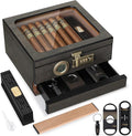 Cigar Humidor,Cedar Wood Humidor Cigar Box,Glass Top Desktop Humidor with Digital Thermo-Hygrometer, Humidifier, Divider, Accessories Drawer and Combination Lock,Cigar Gift for Men by Tesonway