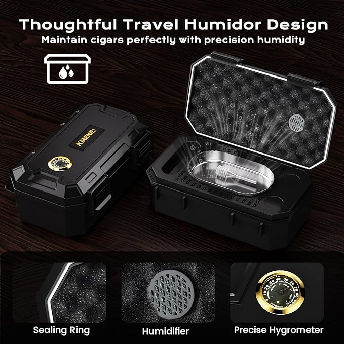 Travel Cigar Humidor Box set with Cigar Ashtray, Cigar Torch Lighter, Built-in V Cutter & Punch & Holder & Draw Enhancer Tool, Humidifier & Hygrometer, Portable Travel Cigar Case, Cigar Gifts for Men - Image 3