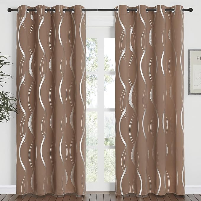 NICETOWN Blackout Curtains Panels for Living Room, Sound Reducing Thermal Insulated Wave Line Foil Print Design Blackout Curtains for Patio Sliding Glass Door (2 Panels, 52 x 84 Inch, Cappuccino) - Image 2