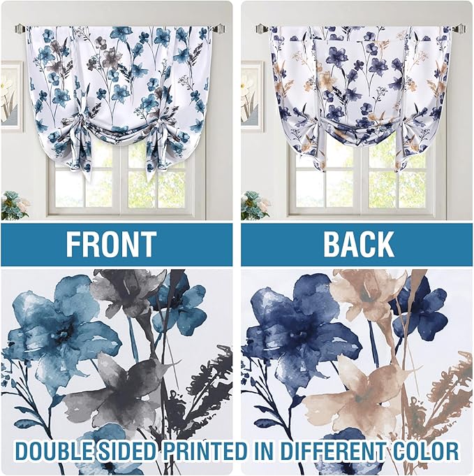 H.VERSAILTEX Double Sided Floral Pattern Printed Tie Up Curtains Thermal Insulated Blackout Short Curtain Bathroom Curtain Rod Pocket Panel - Reversible in Blue/Navy, 42 inches W x 63 inches L - Image 3