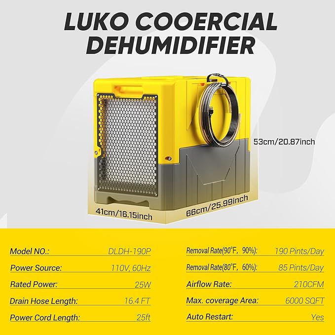 190Pints High Efficiency Commercial Dehumidifier for Basements-6000 Sq.Ft. Industrial Grade Dehumidifiers with Pump & Drain Hose for Crawl Spaces Water Damage Restoration-Yellow-1PC - Image 3