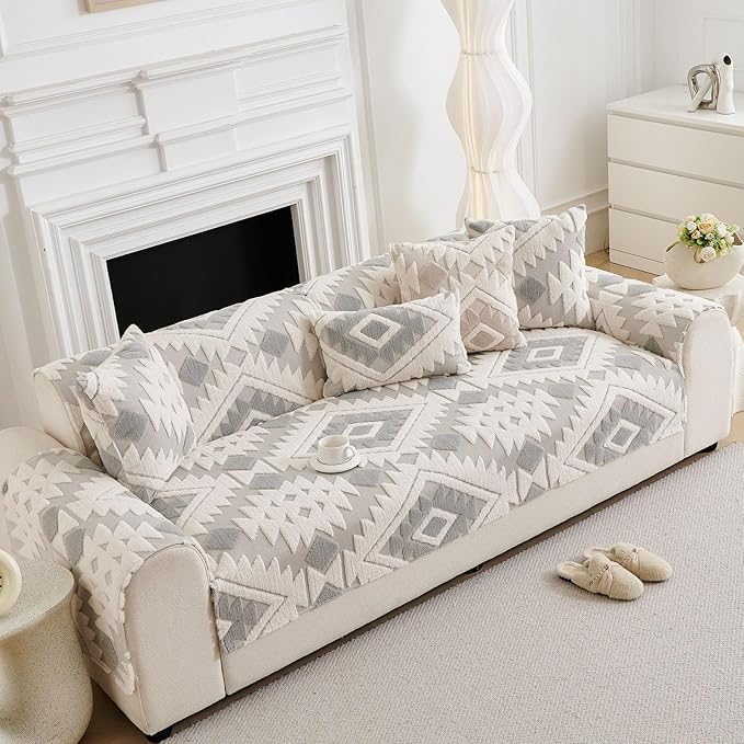 Boho Plush Couch Covers for Sofa Washable, Fuzzy Soft Couch Cover for Sectional Sofa, Non Slip Jacquard Sofa Cover Furniture Protector for Kids, Pets (Light Grey,28"x47") - Image 7