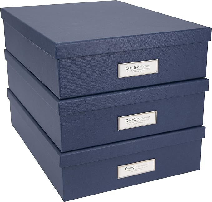 Bigso Oskar Fiberboard Label Frame Document Letter Box - File Organizer Box for Important Paperwork - Document Storage with a Lid & Metal Label Window - 3.3 in x 10.2 in x 13.8 in - Dark Blue - Image 4