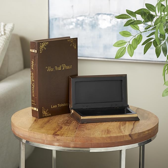 Deco 79 Wooden Decorative Box "War and Peace" Storage Faux Book Decorative Keepsake Boxes, Set of 2 Storage Boxes 11", 9"W, Brown - Image 3