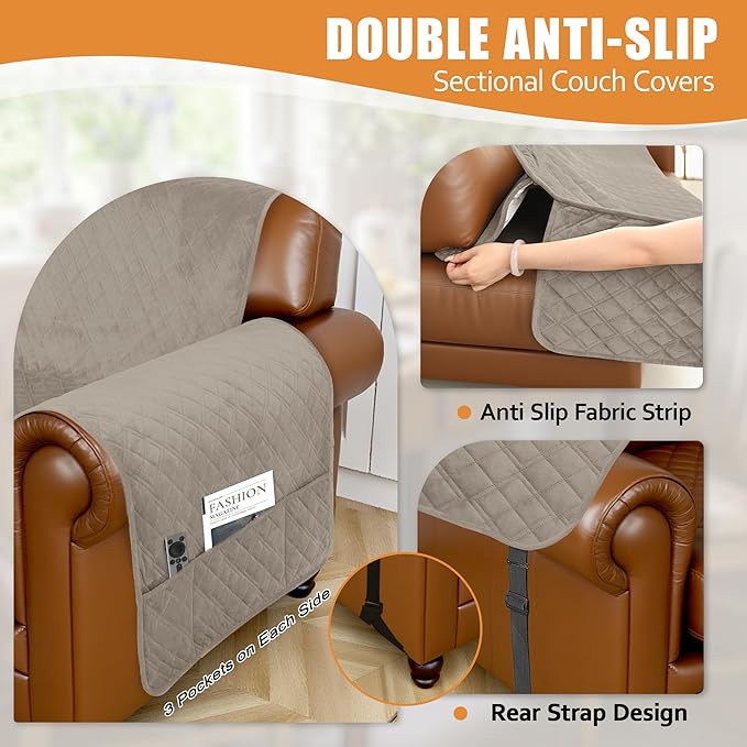 Arfntevss Waterproof Sectional Couch Covers L Shape Washable Velvet Sofa Cover for Sectional Non Slip U Shaped Corner Sofa Slipcover Sets Dog 6 Pcs Universal Furniture Protector (Light Khaki, Small) - Image 4