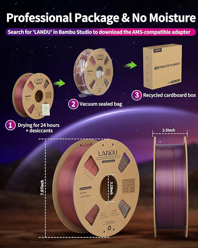LANDU Silk Tri-Color PLA Filament 1.75mm 1Kg,Triple Color Silk PLA Filament, Silk Rainbow PLA Filament,Neatly Wound 3D Printer Filament,3 in 1 Multi Color Filament +/-0.02mm, Silk Green Purple Copper - Image 6