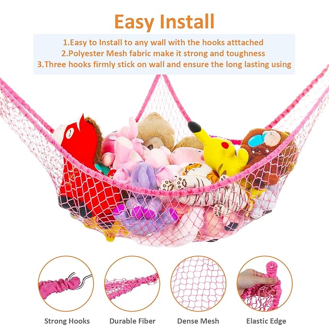 Toy Hammock, Stuffed Animals Hammock, Jumbo Toy Storage Net 83" Wall Sling Corner Extra Large Kids Children Mesh Toy Net Organizer (Pink, 83 Inch) - Image 2
