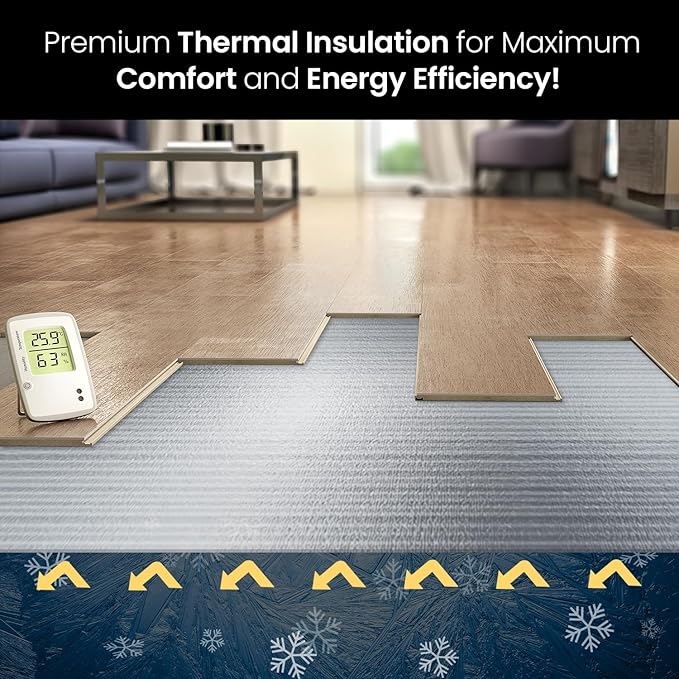 3-in-1 Acoustic Premium Floor Underlayment - 200 sqft Roll - 3mm Thick EPE with Silver Foil Vapor Barrier with Tape - Moisture Barrier, Thermal Insulation, Sound Insulation (Silver Protect) - Image 5