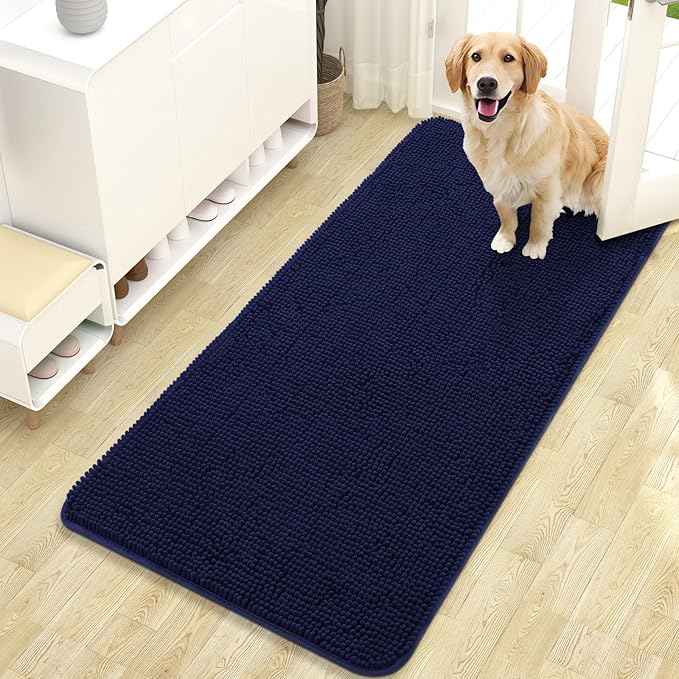 OLANLY Dog Door Mat for Muddy Paws 47x24, Absorbs Moisture and Dirt, Absorbent Non-Slip Washable Doormat, Quick Dry Chenille Mud Mat for Dogs, Entry Indoor Entryway Carpet for Inside Floor, Navy Blue by OLANLY