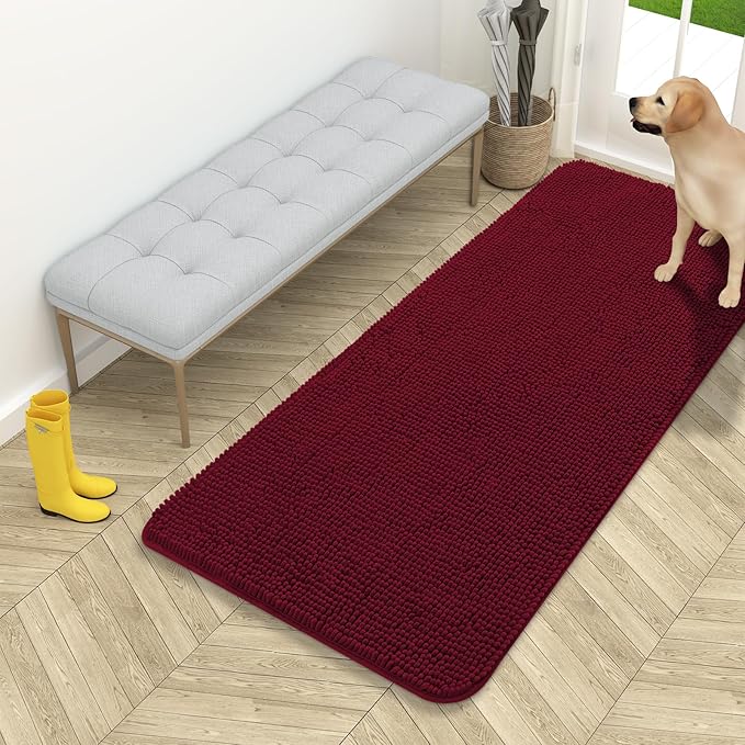 OLANLY Dog Door Mat for Muddy Paws 54x24, Absorbs Moisture and Dirt, Absorbent Non-Slip Washable Doormat, Quick Dry Chenille Mud Mat for Dogs, Entry Indoor Entryway Carpet for Inside Floor, Burgundy by OLANLY