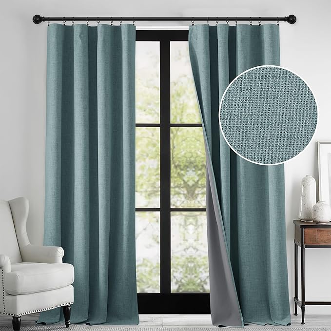RYB HOME 100% Blackout Linen Textured Curtains 96 inches Long, Thermal Insulating Privacy Energy Saving for Bedroom Living Room Window Office Theater Baby Nursery, W 52 x L 96 in, Misty Blue, 2 Pcs by RYBHOME