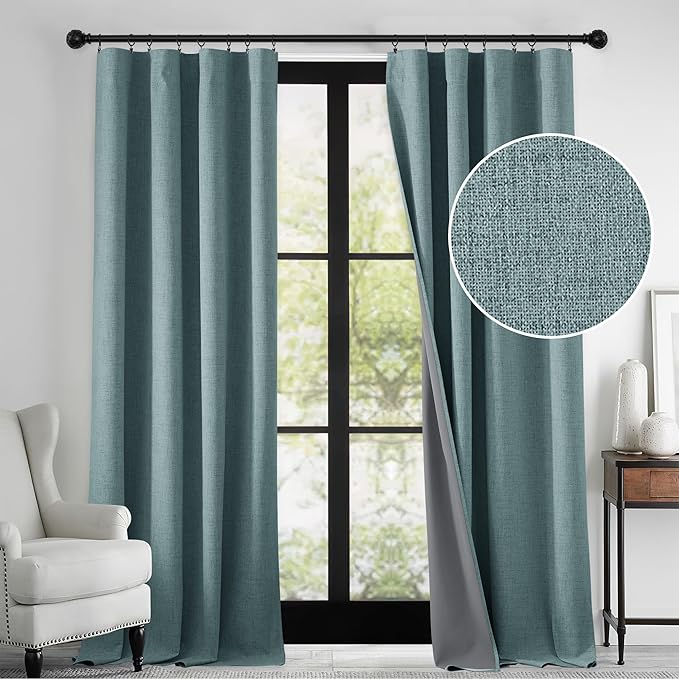 RYB HOME 100% Blackout Linen Textured Curtains 108 inches Long, Thermal Insulating Privacy Energy Saving for Bedroom Living Room Window Office Theater Baby Nursery, W 52 x L 108 in, Misty Blue, 2 Pcs by RYBHOME