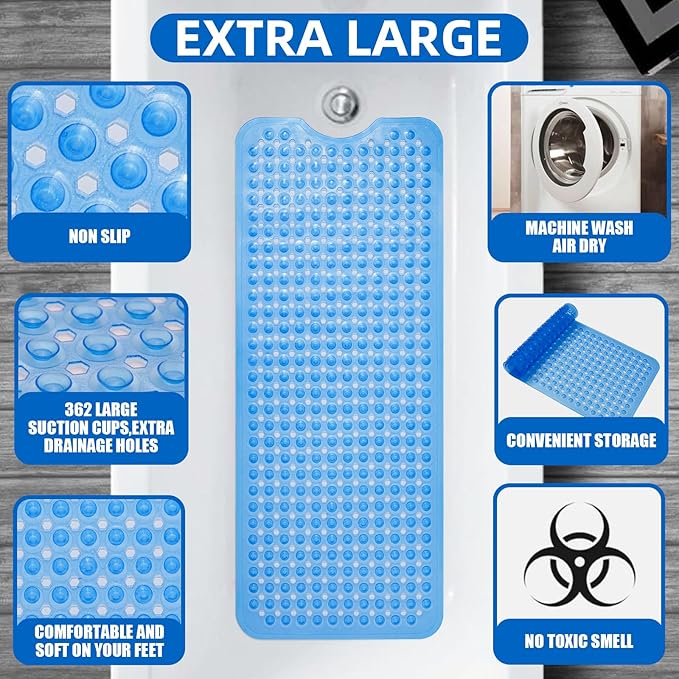 ZHICHENG Bath Tub and Shower Mats, Non-Slip 39 x 16 Inch Extra Long Bath Mat, Machine Washable Bathtub Mat with Drain Holes, Suction Cups for Bathroom (Colour Blue) - Image 3