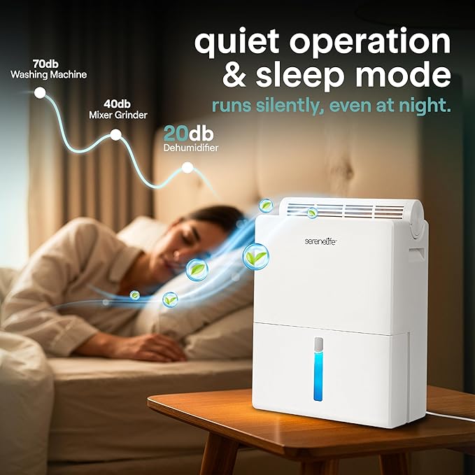 SereneLife 2-in-1 91 Oz Dehumidifier For Home, Bedroom, Bathroom, Basement with Removable Cylinder & Drying Base, Timer, Sleep Mode, & Smart Humidity Control, Covers 1200 Sq Ft 9 x 6 x 13 in, White - Image 8