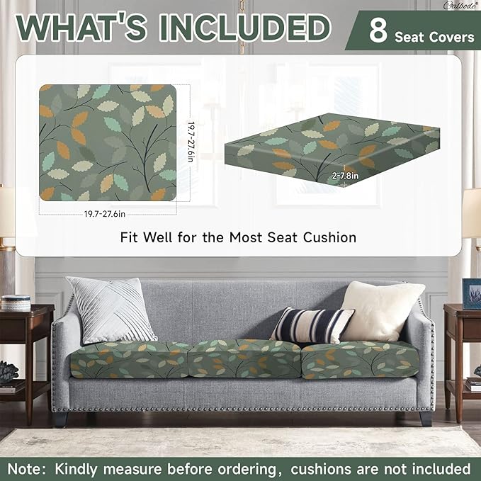 8Pcs Stretch Patio Cushion Cover for Autumn, Couch & Sofa Slipcovers for Patio Furniture Cushions Washable Reusable Couch Covers Replacement Fall Home Decor (Green Leaf Printed, Cover Only) - Image 2