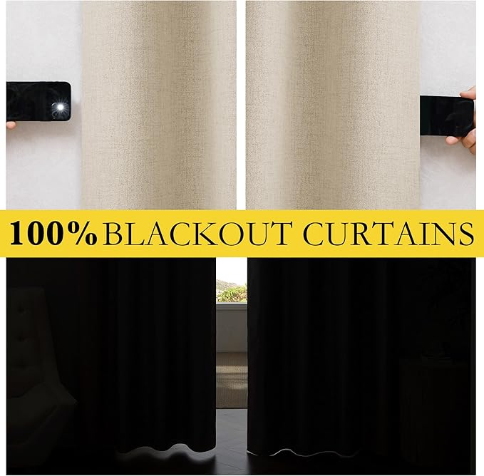 NICETOWN Farmhouse Style 100% Blackout Cream Linen Curtains 90 inches Length, 2 Panels, 52" W, Room Cooling Window Draperies with Thermal Insulated Liners for Dining Room - Image 2