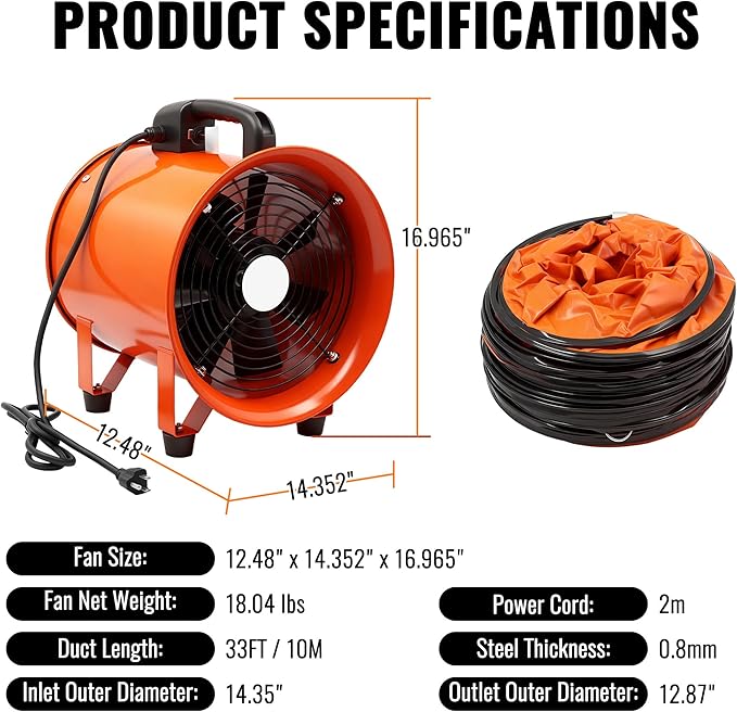dreamdragon Upgraded 12-Inch Utility Blower Fan，Portable Industrial Exhaust Fan with 33ft Flexible Duct Hose，3300 RPM Low-Noise Ventilator for Workshops Warehouses and Basements - Image 2