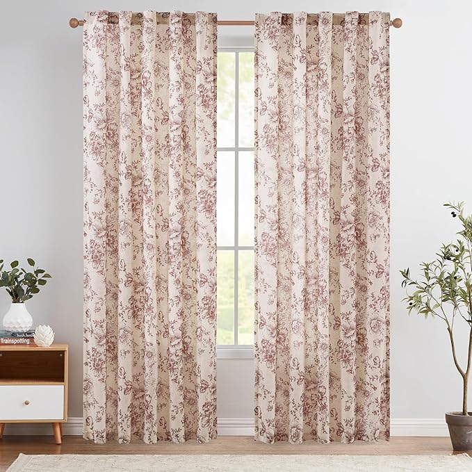 jinchan Linen Blend Curtain Floral Curtains for Living Room 90 Inch Length Farmhouse Brick Red Printed Curtain Rod Pocket Back Tab Peony Flower Patterned Drapes Curtains Set 2 Panels by JINCHAN