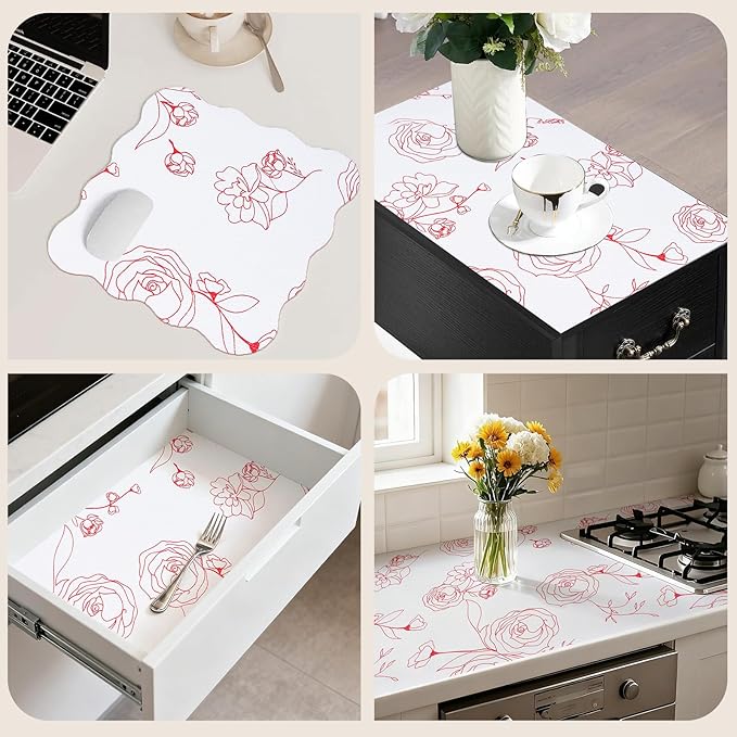 Shelf Liners for Kitchen Cabinets 17in x 20FT Non Adhesive Drawer Liner Red and White Floral Thickened Shelf Liner Paper Strong Non-Slip Easy to Clean for Tool Box with Knife and Tape Measure - Image 9