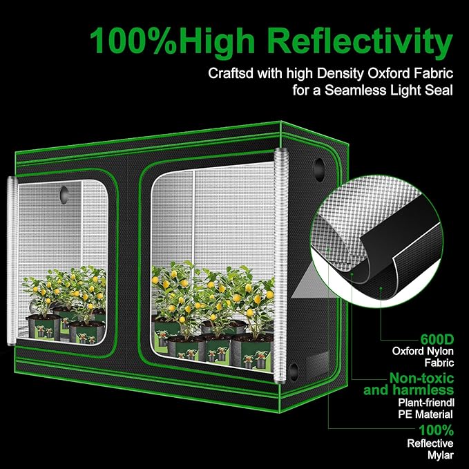MELONFARM 4x8 Grow Tent, 96"x48"x80" High Reflective 600D Diamond Mylar Canvas with Observation Window and Floor Tray for Hydroponic Indoor Plant Growing - Image 2