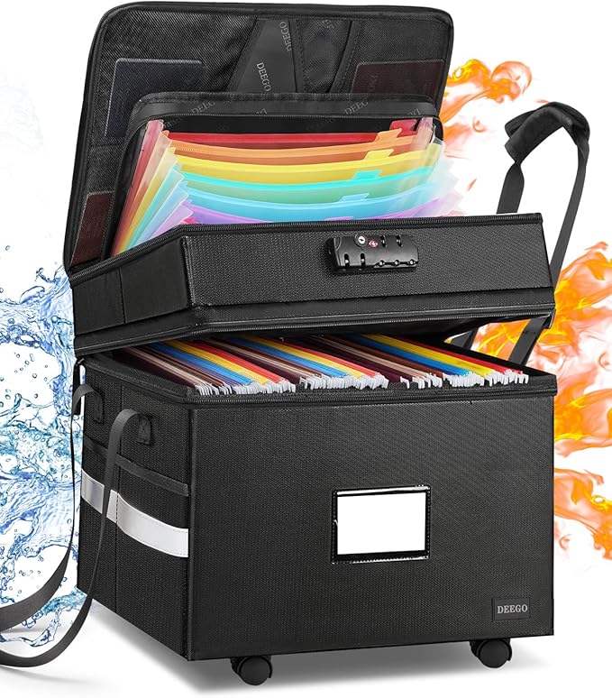 DEEGO Rolling File Box, Fireproof Document Box with Wheels Multi-Layer Water-Resistant File Organizer Portable file Cabinet Document Safe filing box for Home Office for Hanging Letter/Legal Folder by DEEGO