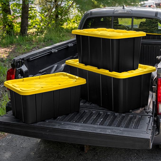 Sterilite 17 Gal Industrial Tote, Stackable Storage Bin with Snap-Fit Lid for Garage, Basement & Attic Storage, Black Base and Yellow Lily Lid, 6-Pack - Image 9