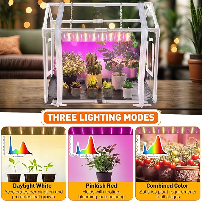 Meonum Mini Greenhouse for Indoor Outdoor, 23.6"L x 15.7"W x 19.6"H Portable Greenhouse with Waterproof Bottom Mat, Timer, 3 Light Color Mode for Indoor Outdoor Seed Starter Tray (Mini House Shape) - Image 5