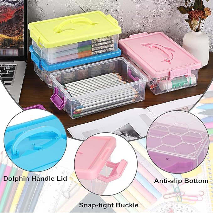 BTSKY 4-Pack Clear Plastic Storage Box with Lid, Stackable Organizer Featuring Easy-Lift Dolphin Design Multi-Use Portable Small Container for Home Craft Office Space-Saving with Secure-Clasp,4 Colors - Image 7