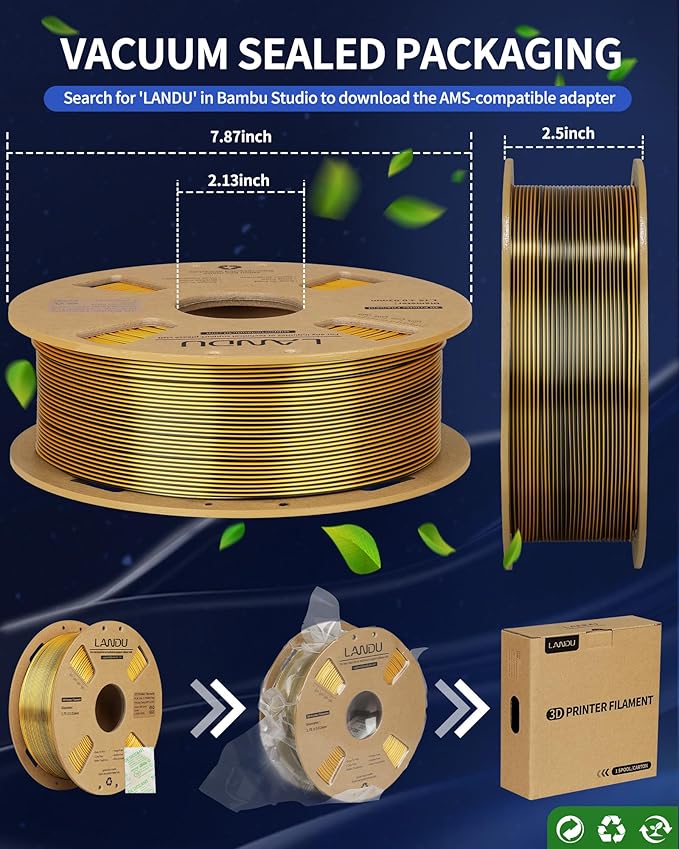 LANDU Silk Dual Color PLA Filament 1.75mm 1KG, 3D Printer Filament Dimensional Accuracy +/- 0.02mm, Coextrusion Filament PLA Shiny Filament Fits for Most FFF 3D Printers,1KG Spool (2.2lbs) Black Gold - Image 6