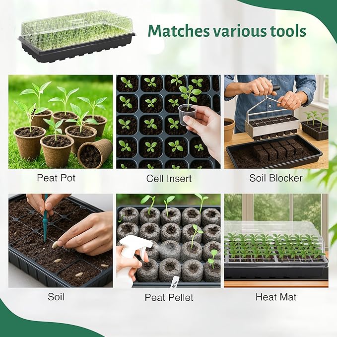 MIXC 5 Pack 1020 Seed Starter Trays with 3.6" Humidity Dome Plant Growing Tray Germination Seed Starting kit, Mini Greenhouse with Handle for Cloning Plant - Image 6