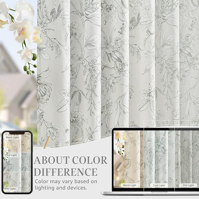 jinchan Floral Curtains 96 Inches Long Charcoal Grey Flower Linen Farmhouse Curtain for Living Room French Country Vintage Curtain Rod Pocket Curtains Set 2 Panels Gray Floral Printed - Image 5