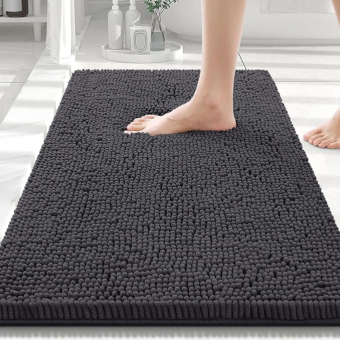 Smiry Luxury Chenille Bathroom Rugs 30x20, Extra Soft and Absorbent Shaggy Bath Mat, Machine Washable, Non-Slip Plush Carpet Runner for Tub, Shower, and Floor, Home Decor Accessories, Charcoal Grey by Smiry