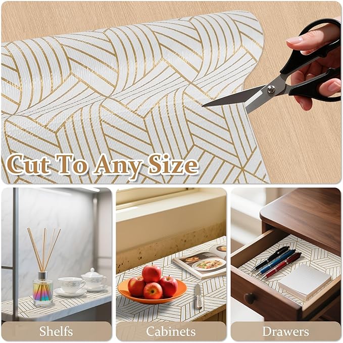 FINNEZ Drawer and Shelf Liner for Kitchen Cabinet Non Adhesive Non Slip 12in x 10FT, Heavy Duty Gripper Cabinet Liners, Waterproof No Residue Easy Cut with Measuring Tape & Cutter Tool (Golden Line) - Image 7
