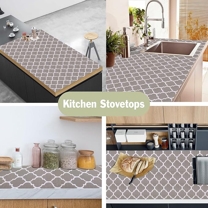 Drawer and Shelf Liner for Kitchen Cabinet: 23.6 in X 30 Ft Non Slip Waterproof Shelf Paper Non Adhesive Refrigerator Liners Gray Quatrefoil Easy Liners for Bathroom Cupboard with Knife Tape Measure - Image 6