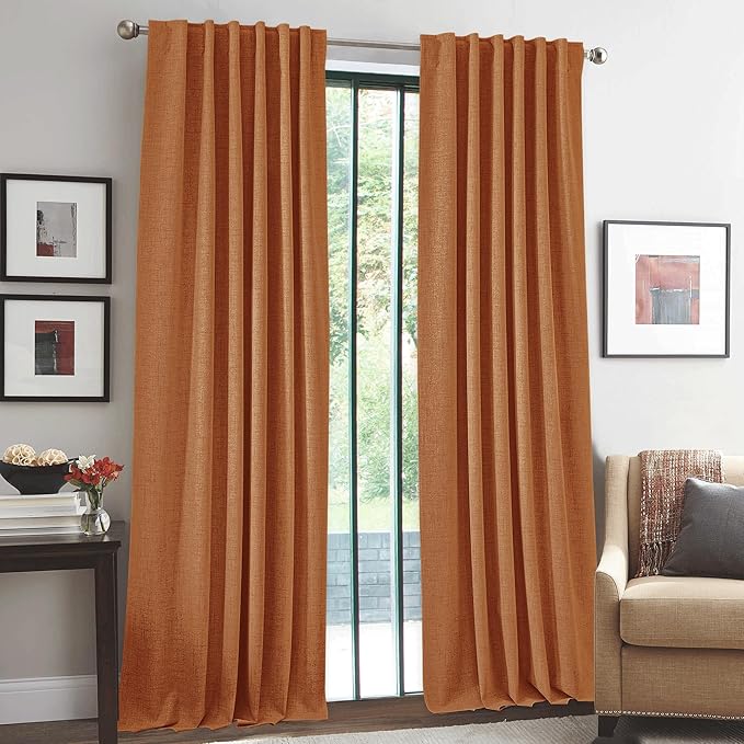 RYB HOME Burnt Orange Total Blackout Curtains Linen Texture, Fall Curtains for Bedroom/Living Room/Sliding Door, Thermal Insulated Boho Farmhouse Home Decor, Luxury Privacy Drapes, W52xL96, 2 Panels - Image 2