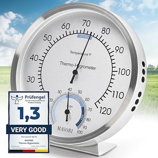 Analog Thermometer – Hygrometer – Thermometer for Indoor – Premium Stainless Steel Temperature Gauge Indicator – Battery Free Operated Temperature and Humidity Monitor – High Accuracy - Ø 12.5 by MAVORI