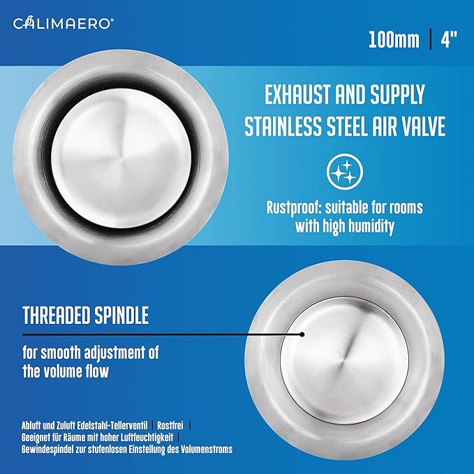 calimaero® TVE 4" Stainless Steel Vents, Round Adjustable Wall Air Vent Ventilation Cover Vents for HVAC Fits Only with Metal Ducts - Image 2