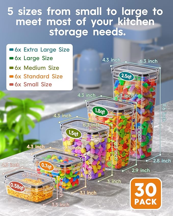 30 PCS Airtight Food Storage Containers with Lids, Kitchen Pantry Organization and Storage, BPA-Free Plastic Scale Food Canisters for Cereal, Flour, Sugar, Dry Food, Include Labels & Marker - Image 2