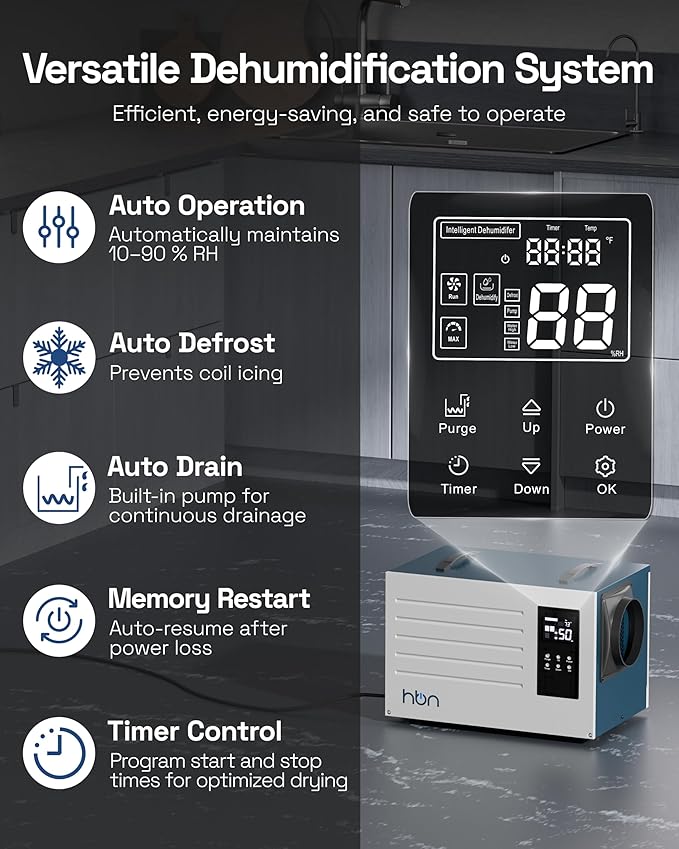 HBN 125 Pints Commercial Dehumidifier with Pump and Drain Hose, Industrial Dehumidifier for Basement and Crawl Space up to 5900 Sq. Ft, Large Capacity, Built-in 24-Hour Timer - Image 4